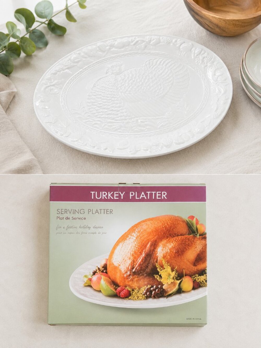 White Embossed Turkey Serving Platter Thanksgiving Harvest Ceramic Large w/ Box